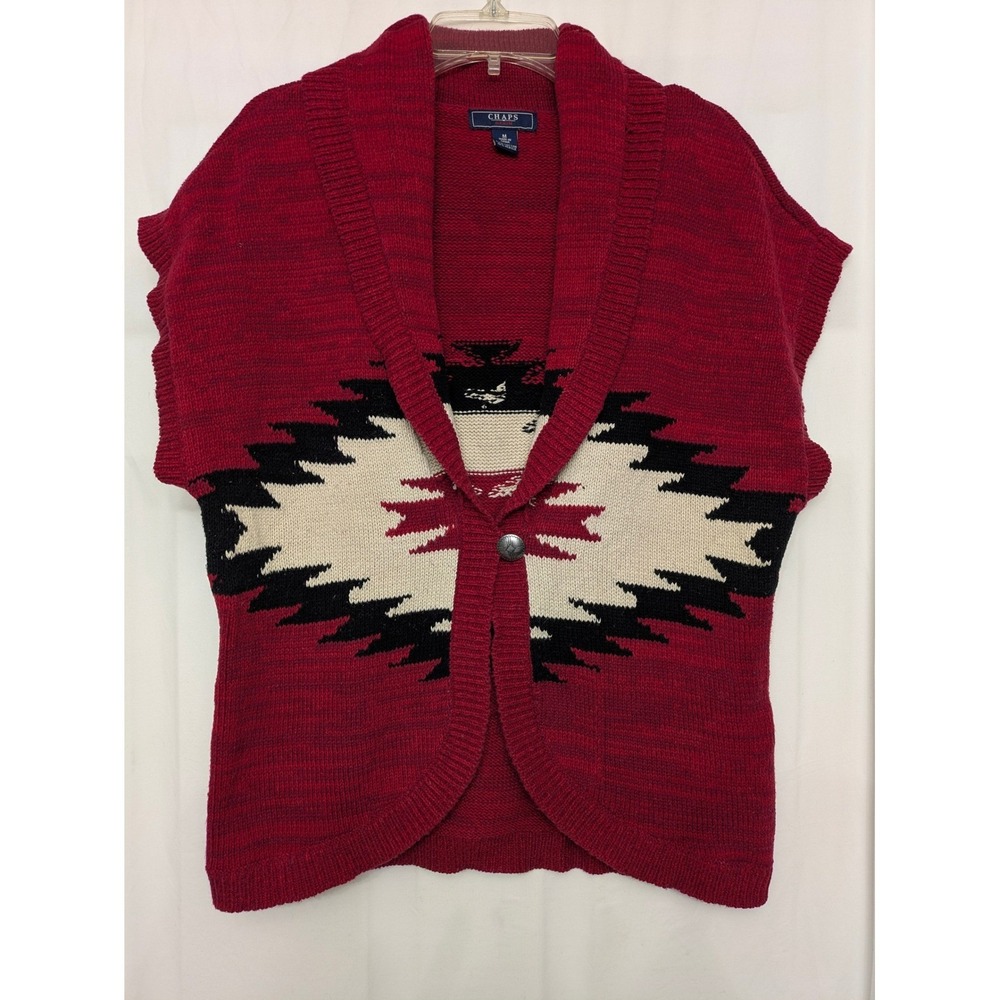 Chaps Denim Womens Red Southwestern Shawl Collar Sleeveless Cardigan Sweater M